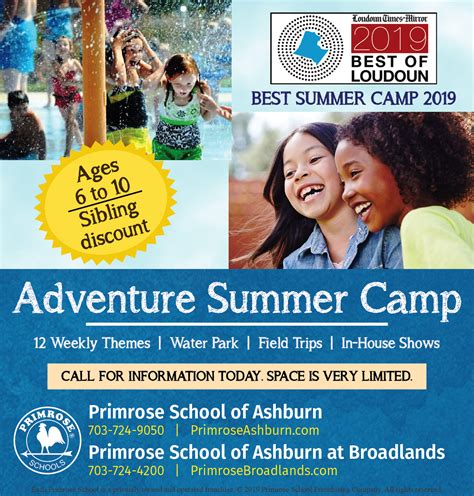 Primrose summer camp - Ready for the best summer? Contact your local Primrose school to learn more and sign up. Locations: PRIMROSE SCHOOL ON CROSSWATER PARKWAY | NOCATEE. 785 CROSSWATER PARKWAY. PONTE VEDRA, FL 32081. (904) 547-1213. M-F 6:30AM-6:30PM. AGES: INFANT-12 YEARS OLD. 